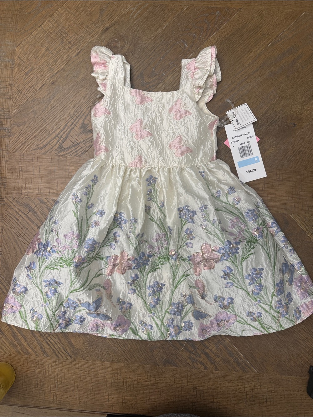 Rare Editions Ivory Dress with Pink and Lavender Floral Embroidery